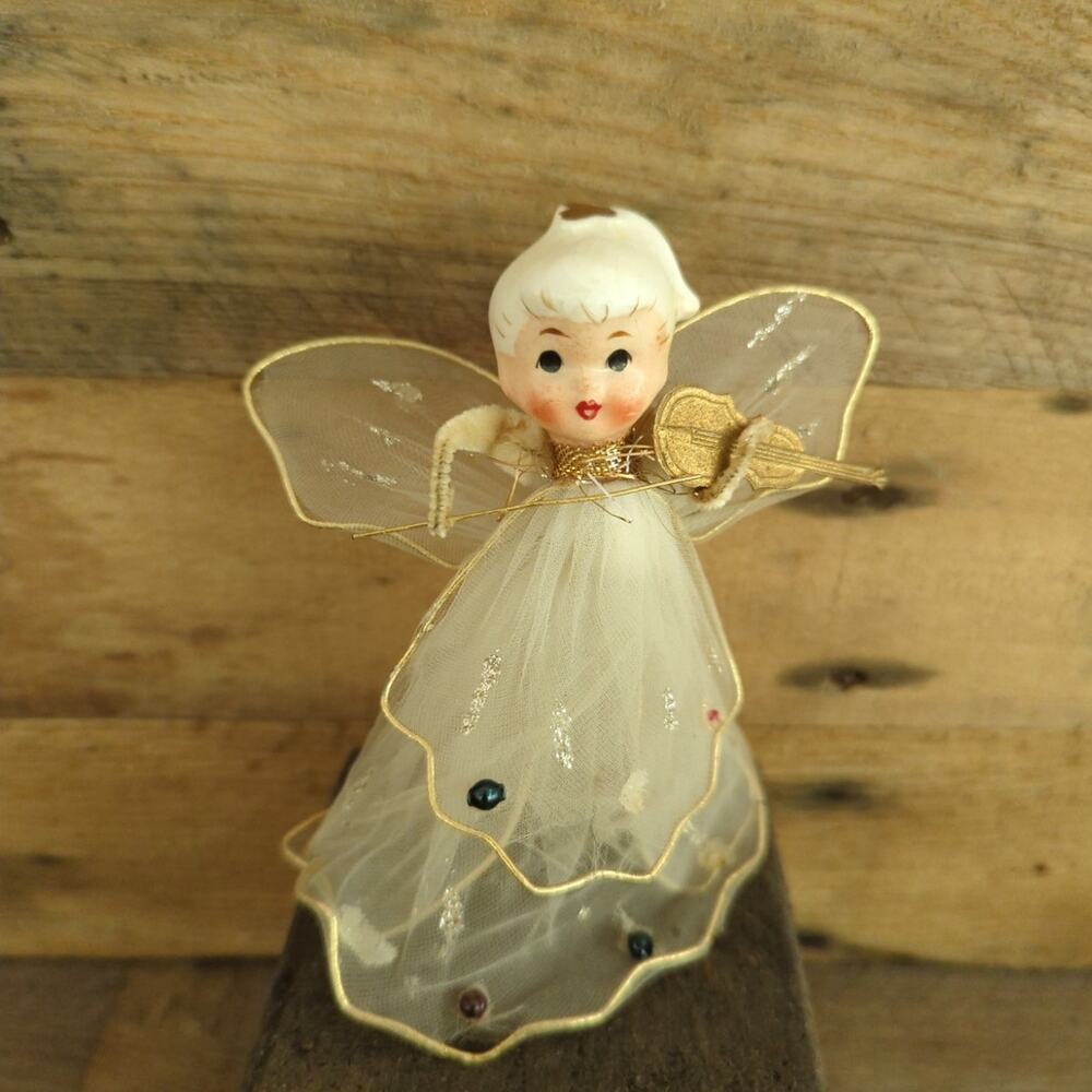 Vintage 1950s Kitschy Holt-Howard Tulle Porcelain Angel Playing Violin